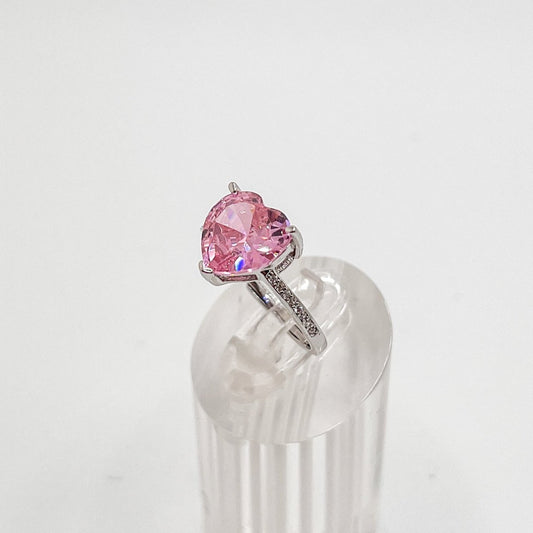 Anillo ajustable en plata 925 con circonita rosa en forma de corazón