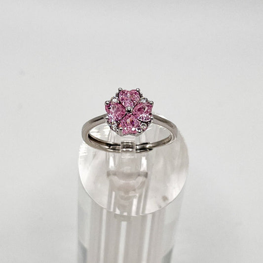 Anillo de trébol de Cuatro hojas de Corazones con Zirconias Rosadas y blancas de Plata de 925
