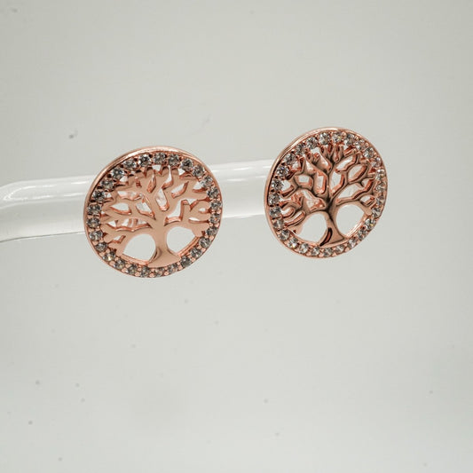 Aretes de plata 925 con baño de oro rosa, forma del árbol de la vida.