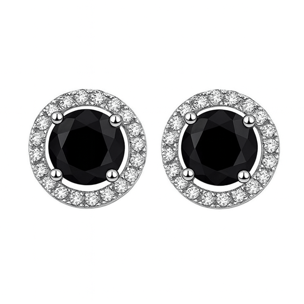 Aretes Halo en Plata 925 con Zirconia Negra y Detalles en Zirconias Blancas