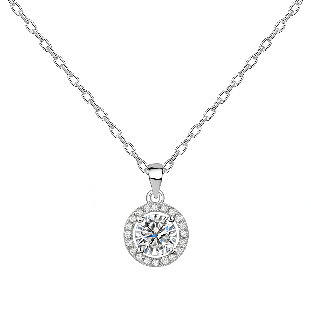 Cadena con Dije de Halo en Plata 925 con Zirconias Cúbicas
