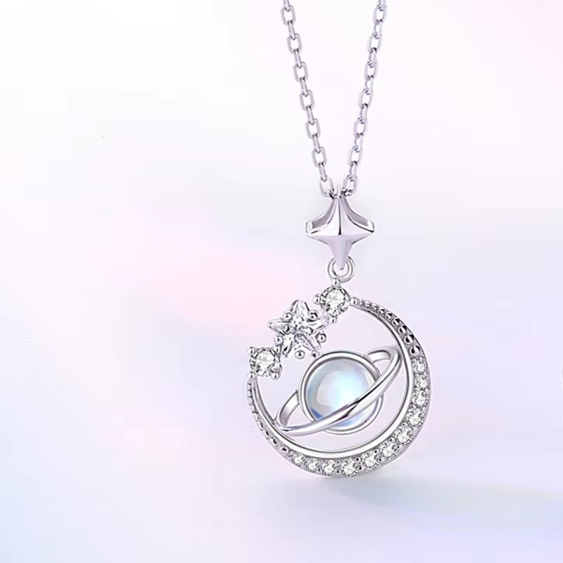 Cadena de Saturno en plata 925, colgante con estrellas con zirconias