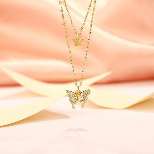 Collar doble de mariposa de plata 925 con zirconias con estilo y un toque único - Aurora Boré