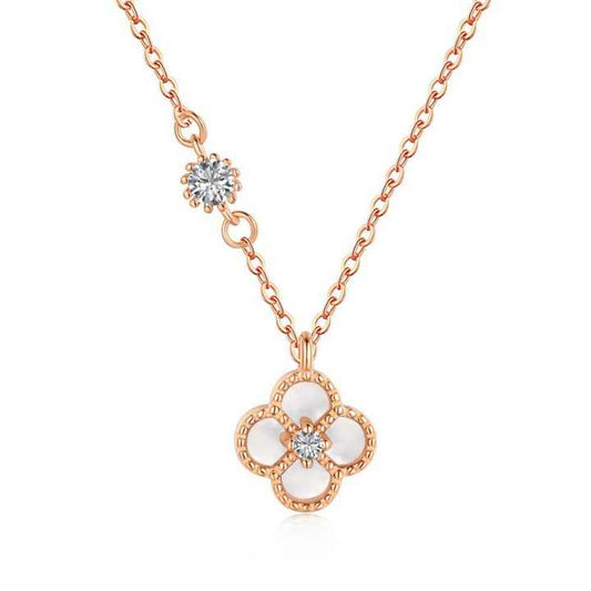 Collar en forma de trébol blanco de cuatro hojas hecha de plata 925 Gold Rose - Aurora Boré