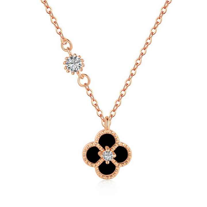 Collar en forma de trébol negro de cuatro hojas hecha de plata 925 Gold Rose - Aurora Boré