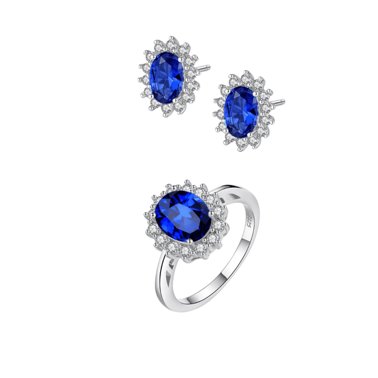 Conjunto de Joyería Halo en Plata 925 con Zirconia Azul y Detalles Brillantes - Aurora Boré