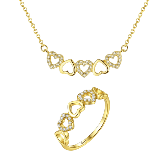 Dúo Cadena y Anillo de Corazones en Plata 925 con baño de Oro 18K - Aurora Boré