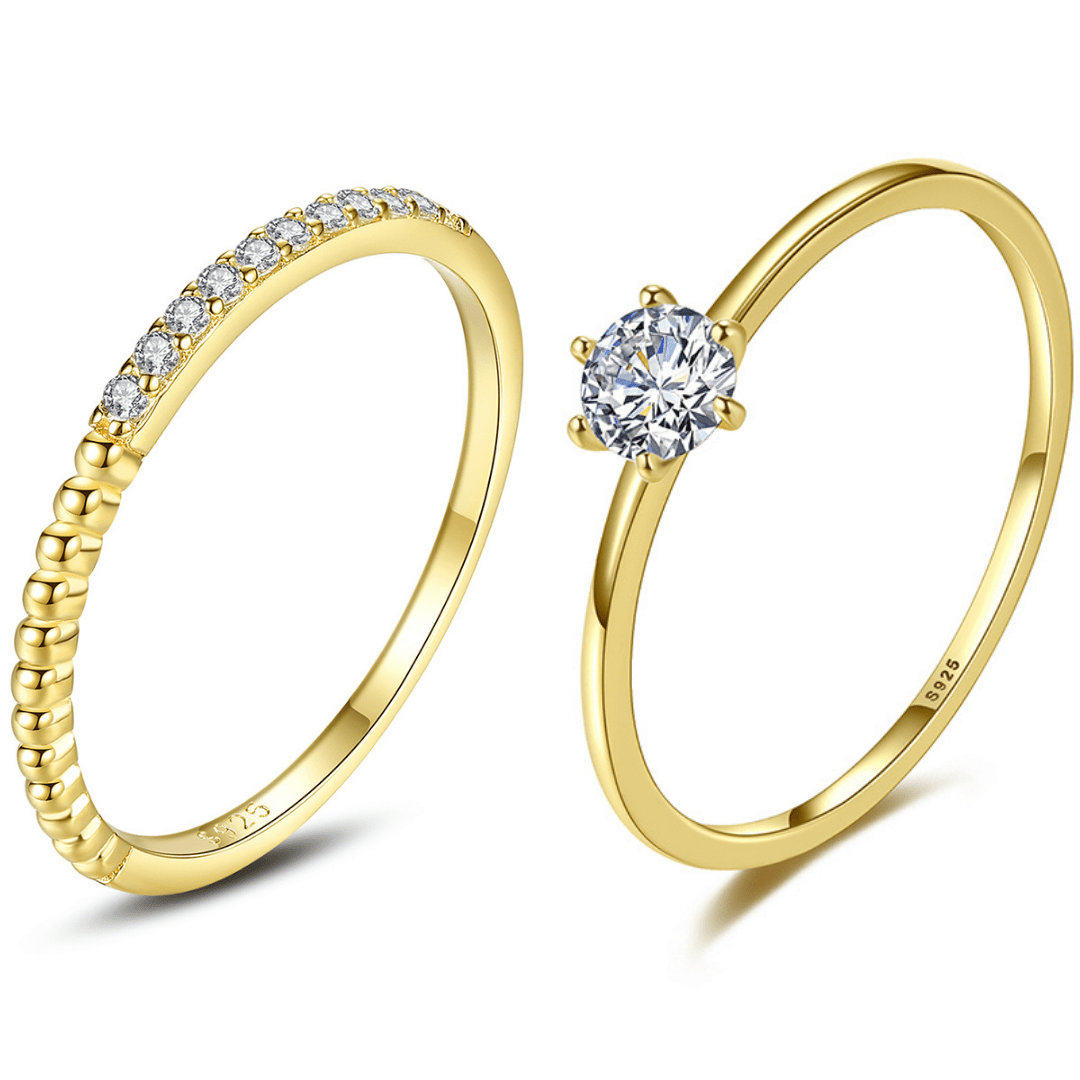 duo de Anillo Argolla Medio círculo Zirconias con Anillo Clásico con Zirconia Cúbica Brillante de Plata con Baño de Oro 14K - Aurora Boré