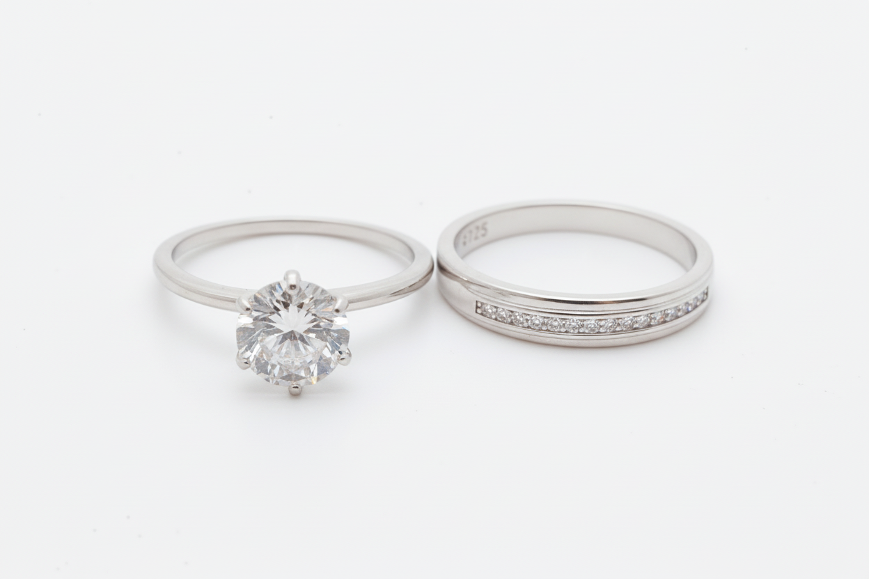 Duo de anillo, obtendrá un estilo clásico Argolla de Plata 925 con Zirconias cúbicas con un anillo Solitario de 7mm con Zirconia en Plata 925 - Aurora Boré