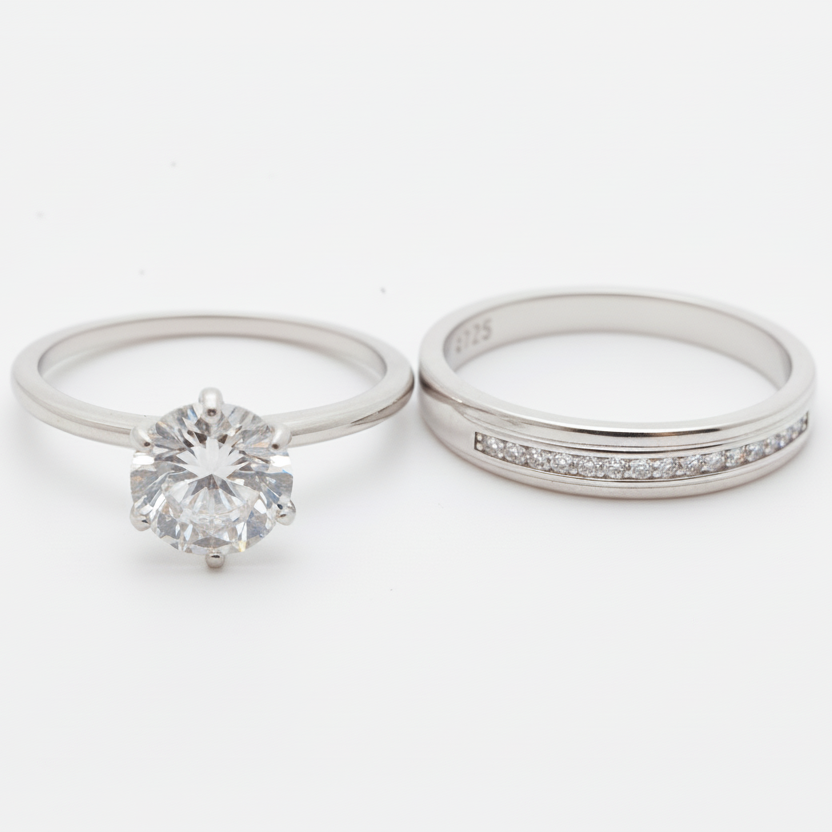 Duo de anillo, obtendrá un estilo clásico Argolla de Plata 925 con Zirconias cúbicas con un anillo Solitario de 7mm con Zirconia en Plata 925 - Aurora Boré