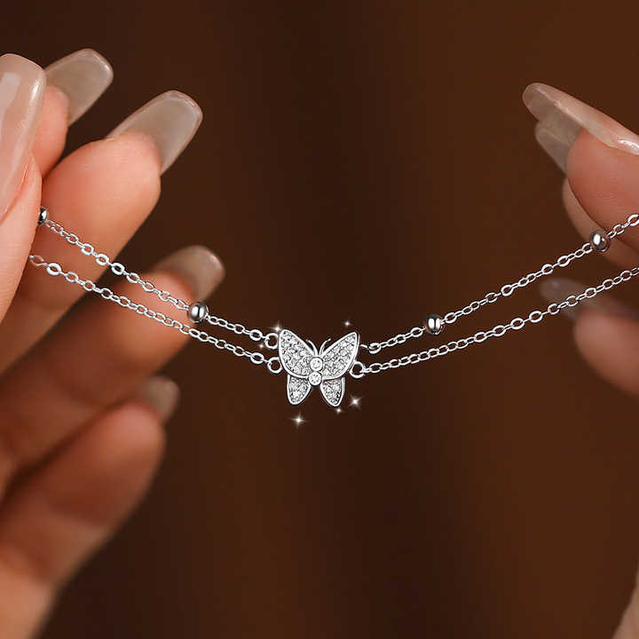 Pulsera Doble Cadena en Plata 925 con Mariposa Pavé - Aurora Boré