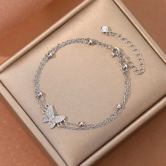 Pulsera Doble Cadena en Plata 925 con Mariposa Pavé - Aurora Boré