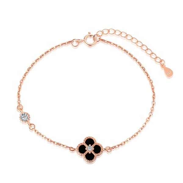 Pulsera en forma de trébol negro de cuatro hojas hecha de plata 925 Gold Rose - Aurora Boré