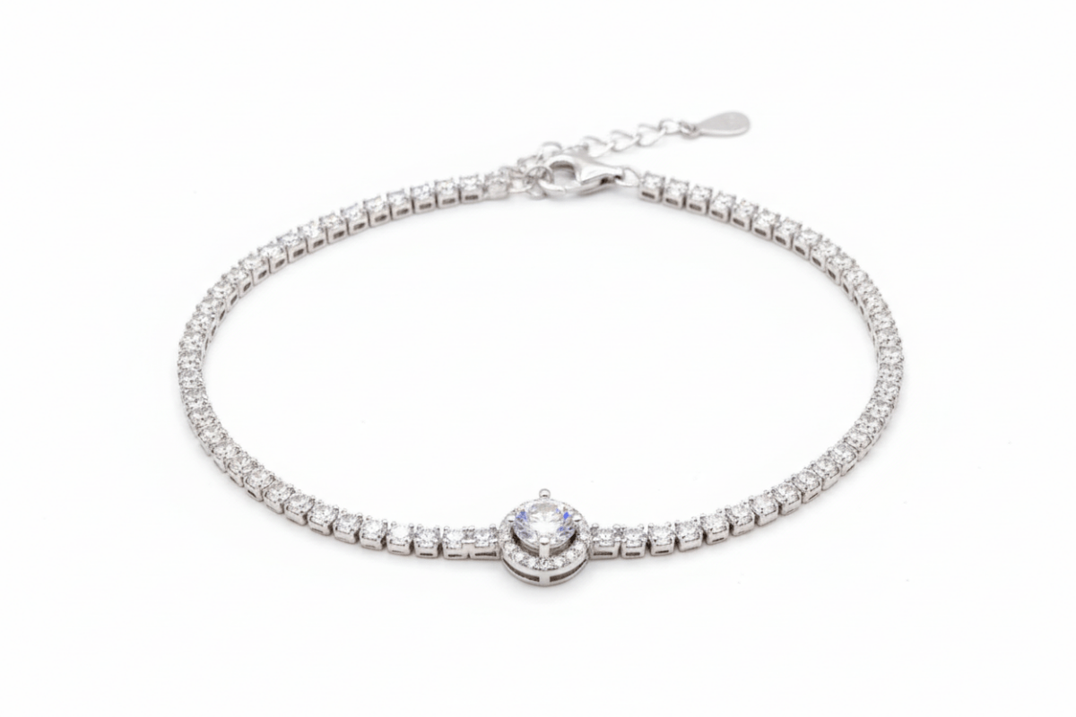 Pulsera Tennis con Centro Halo en Plata 925 y Zirconias Cúbicas