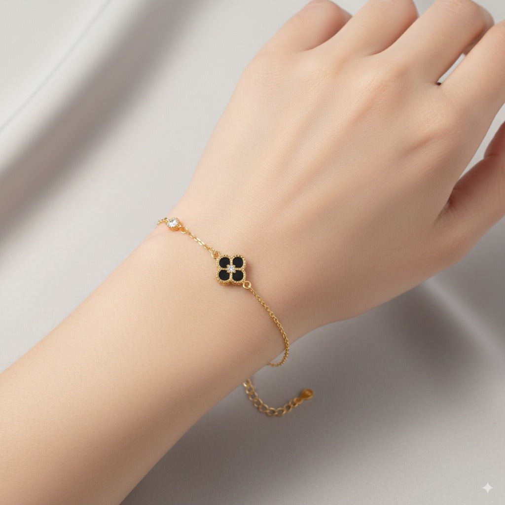 Pulsera Trébol Negro – Plata 925 en Baño de Oro 18K ó Rose Gold