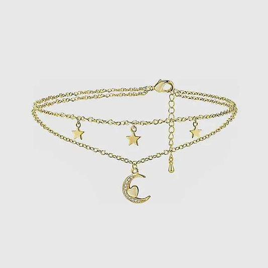 Tobillera con estrellas y lunas, en plata 925 con baño de oro - Aurora Boré
