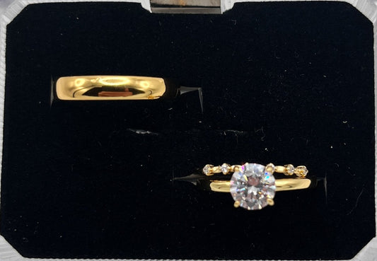 Trío de anillos: Banda de Plata 925 con Baño de Oro, Anillo de Compromiso y Alianza Clásica - Aurora Boré