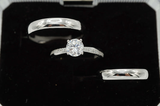 Trío de Anillos de Matrimonio Clasico y Elegante en Plata 925 y baño de Rodio - Aurora Boré