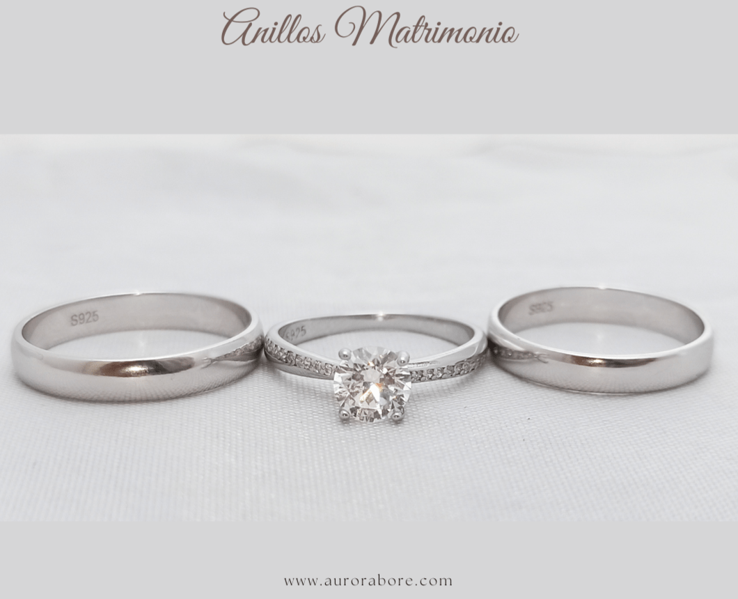 Trío de Anillos de Matrimonio Clasico y Elegante en Plata 925 y baño de Rodio - Aurora Boré