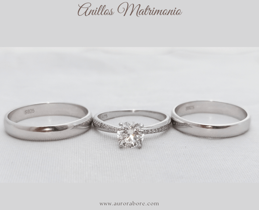 Trío de Anillos de Matrimonio Clasico y Elegante en Plata 925 y baño de Rodio - Aurora Boré