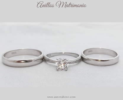 Trío de Anillos de Matrimonio Clasico y Elegante en Plata 925 y baño de Rodio