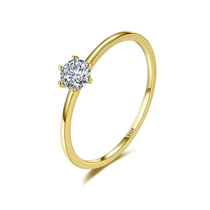 Anillo Clásico Solitario con Zirconia Cúbica Brillante de Plata con Baño de Oro 14K