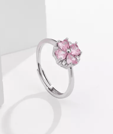 Anillo de trébol de Cuatro hojas de Corazones con Zirconias Rosadas y blancas de Plata de 925