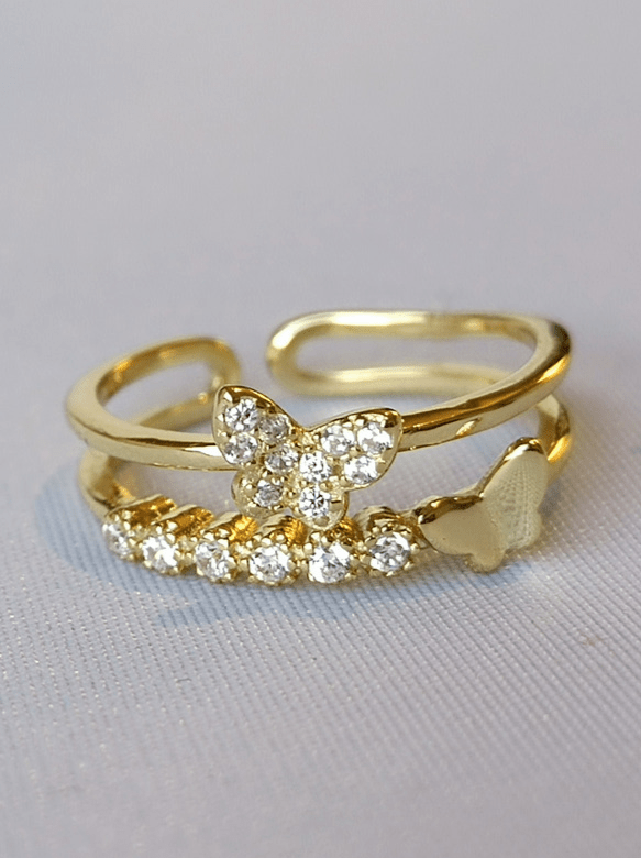 Anillo Doble de Mariposas, Plata 925 con Baño de Oro 18K