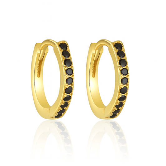 Aretes Argolla Dorada con Zirconias Negras – Plata 925