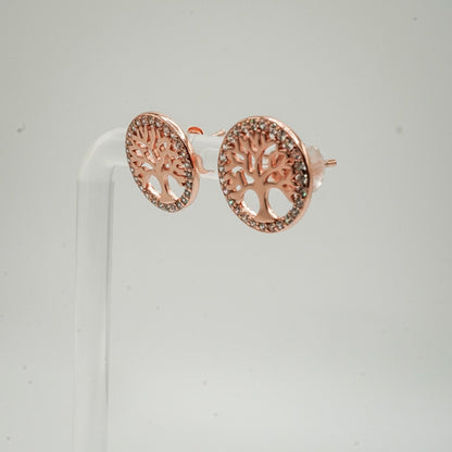 Aretes de plata 925 con baño de oro rosa, forma del árbol de la vida.