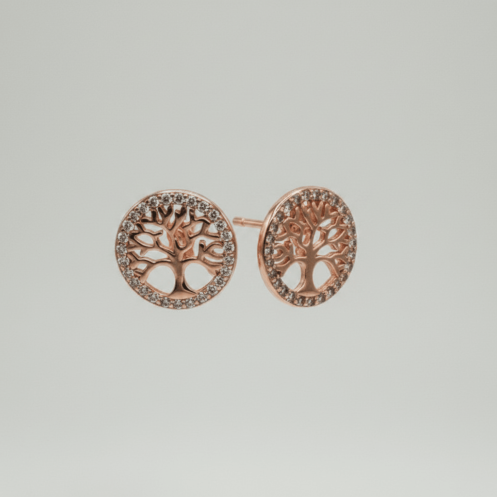 Aretes de plata 925 con baño de oro rosa, forma del árbol de la vida.