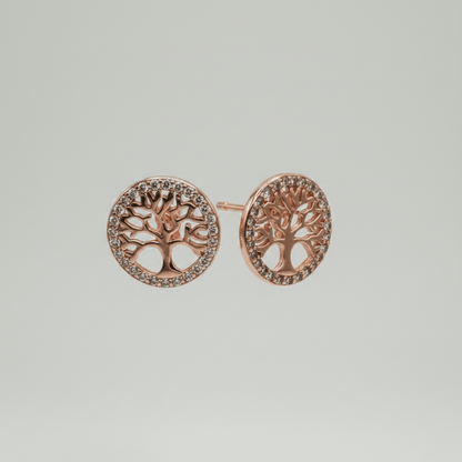 Aretes de plata 925 con baño de oro rosa, forma del árbol de la vida.