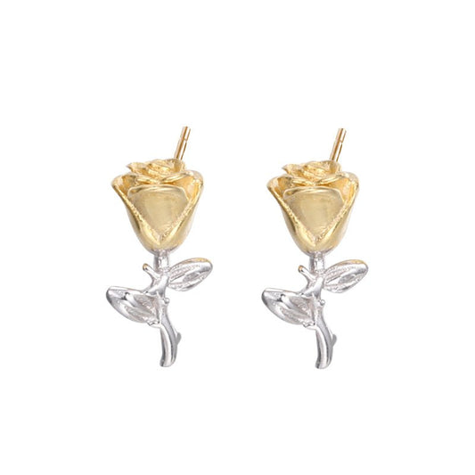 Aretes de Rosa, Material Plata 925 con Baño de Oro 18K