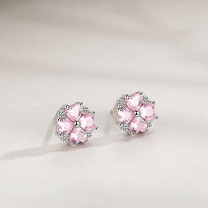 Aretes de trébol de cuatro hojas de Corazones con Zirconias Rosadas y blancas de Plata de 925