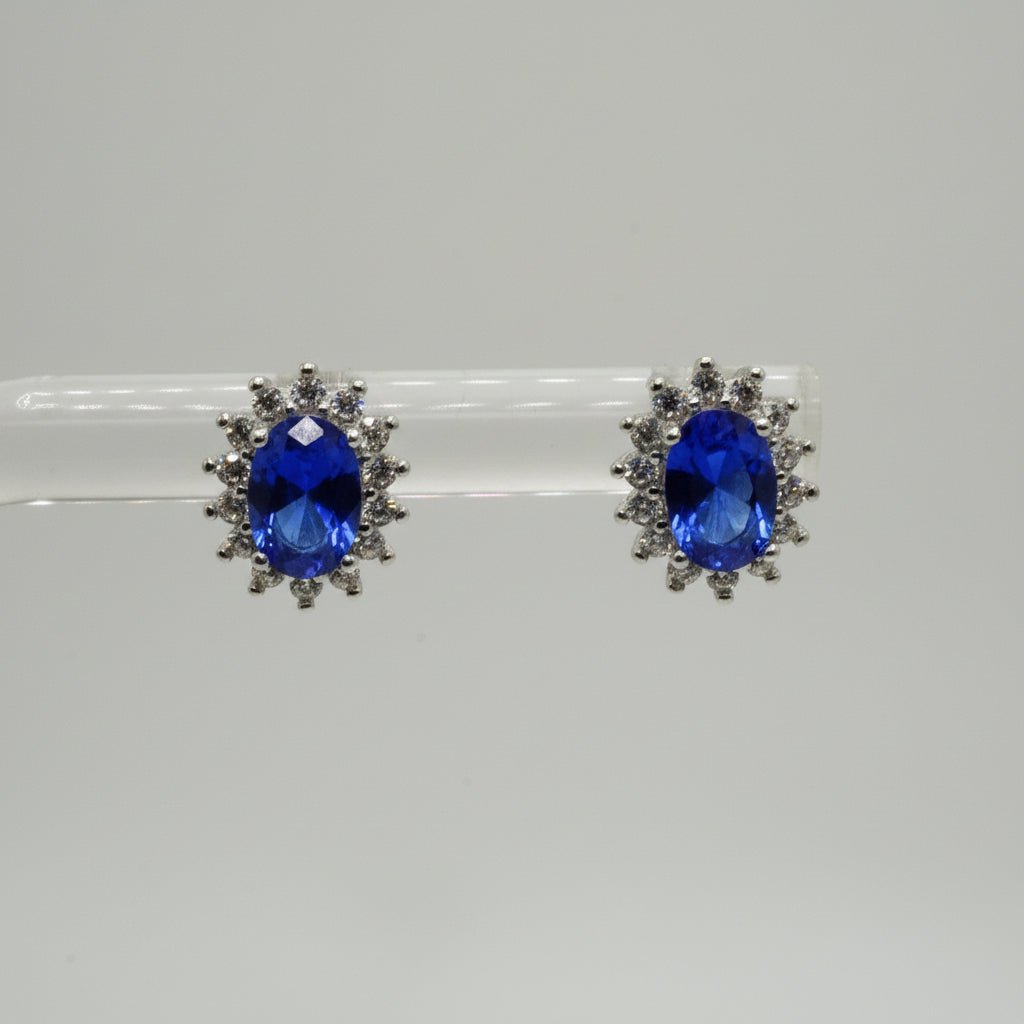 Aretes Halo en Plata 925 con Zirconia Azul y Detalles Brillantes