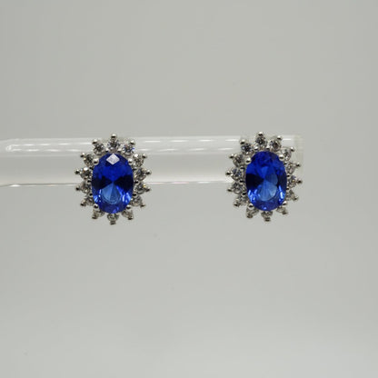 Aretes Halo en Plata 925 con Zirconia Azul y Detalles Brillantes
