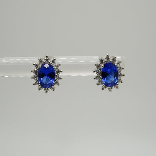 Aretes Halo en Plata 925 con Zirconia Azul y Detalles Brillantes