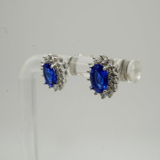 Aretes Halo en Plata 925 con Zirconia Azul y Detalles Brillantes