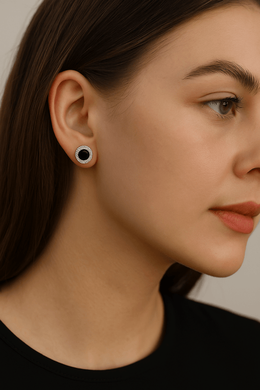 Aretes Halo en Plata 925 con Zirconia Negra y Detalles en Zirconias Blancas