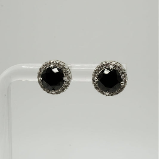 Aretes Halo en Plata 925 con Zirconia Negra y Detalles en Zirconias Blancas