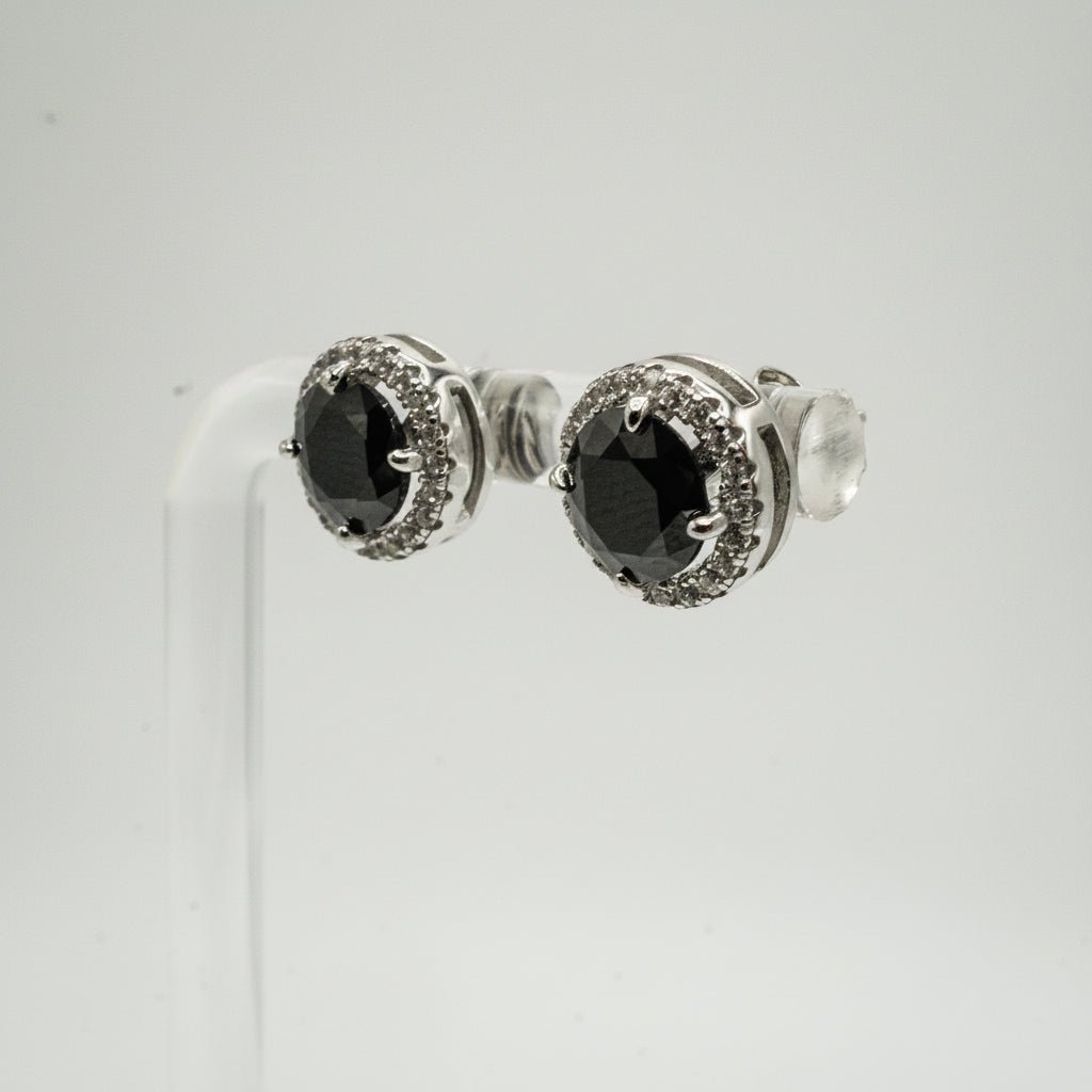 Aretes Halo en Plata 925 con Zirconia Negra y Detalles en Zirconias Blancas