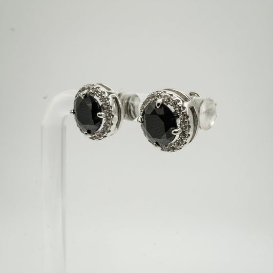 Aretes Halo en Plata 925 con Zirconia Negra y Detalles en Zirconias Blancas
