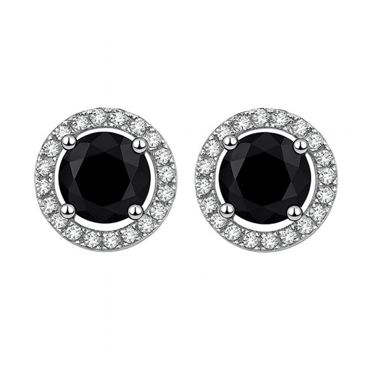 Aretes Halo en Plata 925 con Zirconia Negra y Detalles en Zirconias Blancas
