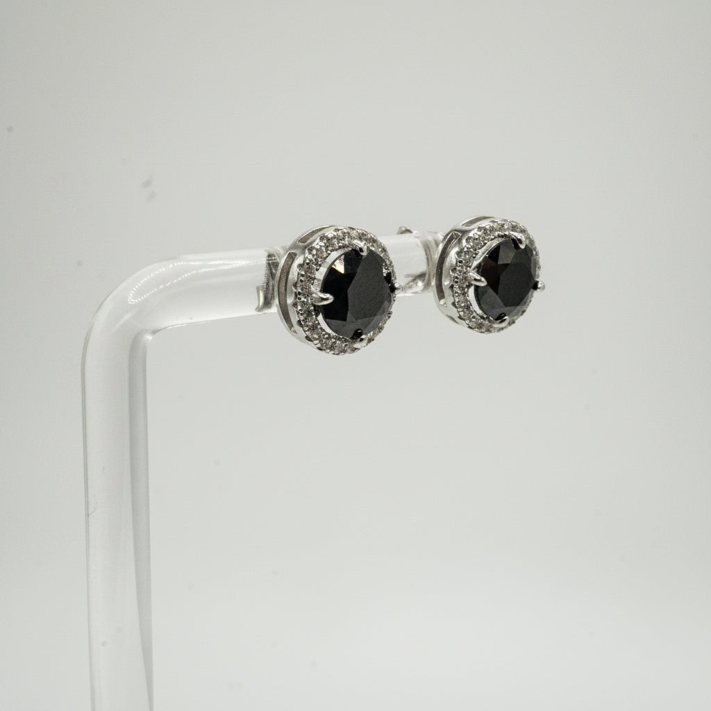 Aretes Halo en Plata 925 con Zirconia Negra y Detalles en Zirconias Blancas