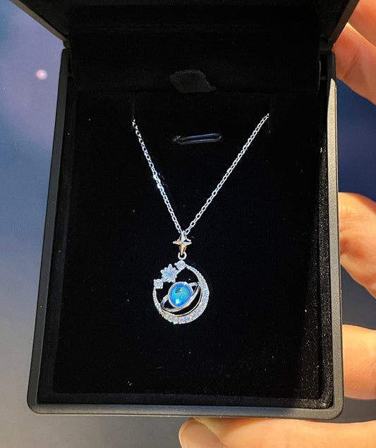 Cadena de Saturno en plata 925, colgante con estrellas con zirconias