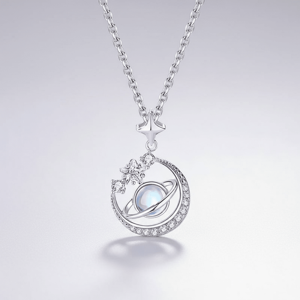 Cadena de Saturno en plata 925, colgante con estrellas con zirconias