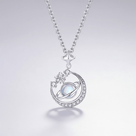 Cadena de Saturno en plata 925, colgante con estrellas con zirconias