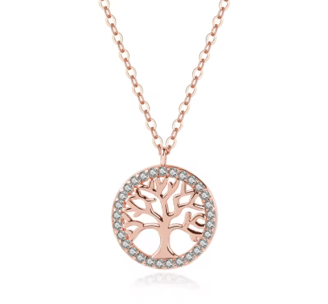 Collar de plata 925 con baño de oro rosa, diseño árbol de vida. Detalles minuciosos y circonitas cúbicas