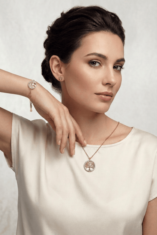 Conjunto Arbol de Vida en Plata 925 con baño de oro rosa, incluye cadena, dije, aretes y pulsera