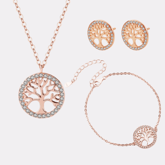 Conjunto Arbol de Vida en Plata 925 con baño de oro rosa, incluye cadena, dije, aretes y pulsera - Aurora Boré